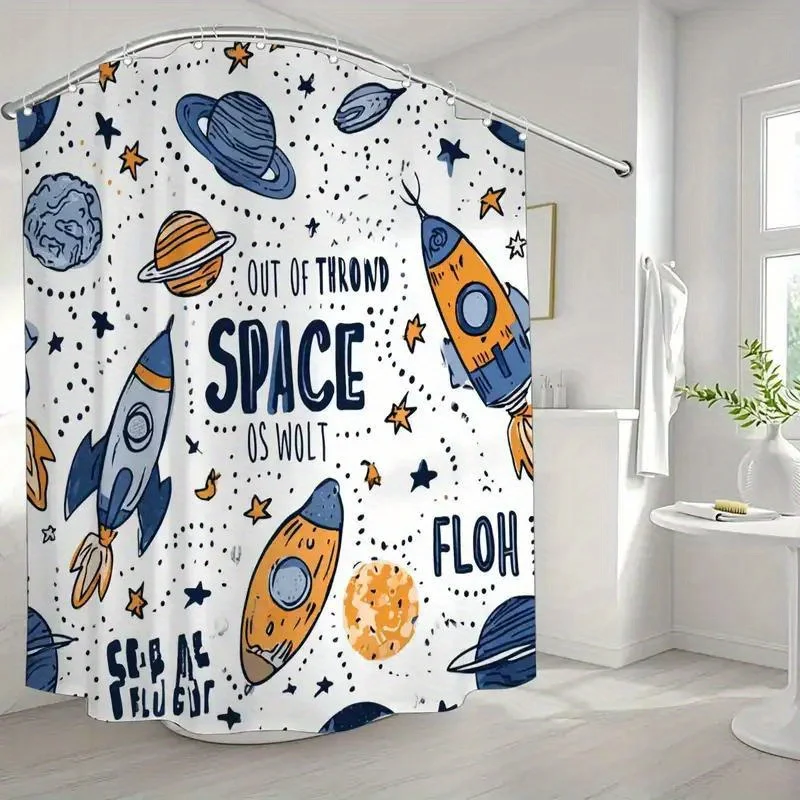 Space Adventure Shower Curtain – Hand-Drawn Rockets, Planets & “OUT OF THROD SPACE”, 12 Hooks, Kids & Geek Bathroom Decor