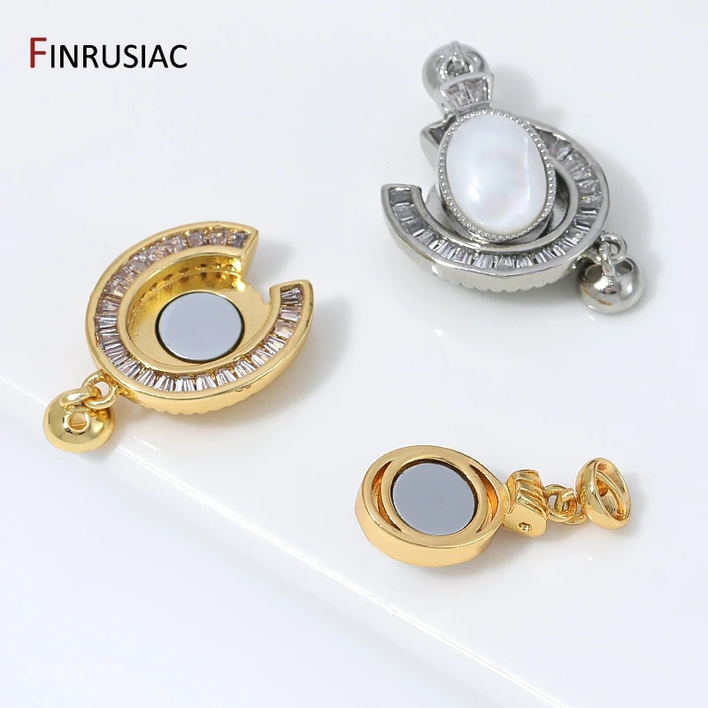 18K Gold Plated Brass Oval Magnetic Clasp,Baguette CZ Halo Cat Eye Stone Connector Lock For Pearl DIY Jewelry Making Accessories image 5