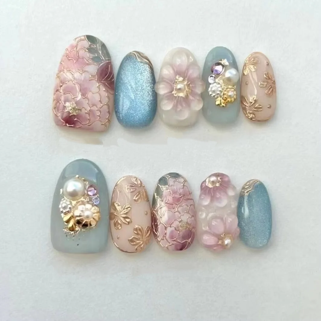 

3D three-dimensional cute blue cat eyes pure hand-made custom hand-painted wearable short nails reusable high-quality nails