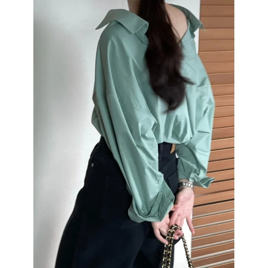 

Dongda Gate Vintage Sle Long Sve irt Women's Single Button Collar Loose Ba Design Faionable Commute Wear