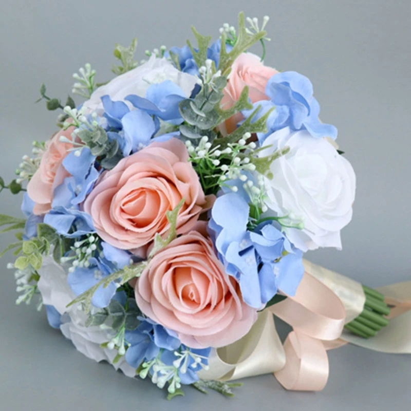 Wedding Artificial Blue Pink Flower Bouquet Artificial Simulation Flower Supplies for Couple Wife Girl Birthday Holiday