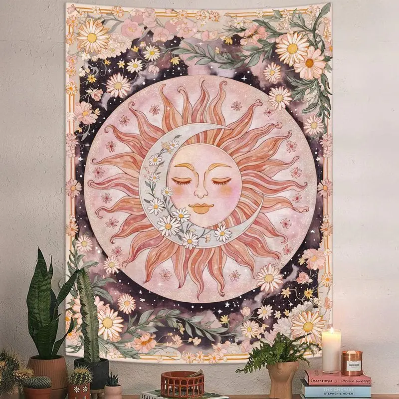 VIKAMA Celestial Sun Moon Tapestry Daisy Floral Polyester Wall Hanging Bedroom Dorm Living Room Aesthetic Boho Soft Durable Cozy