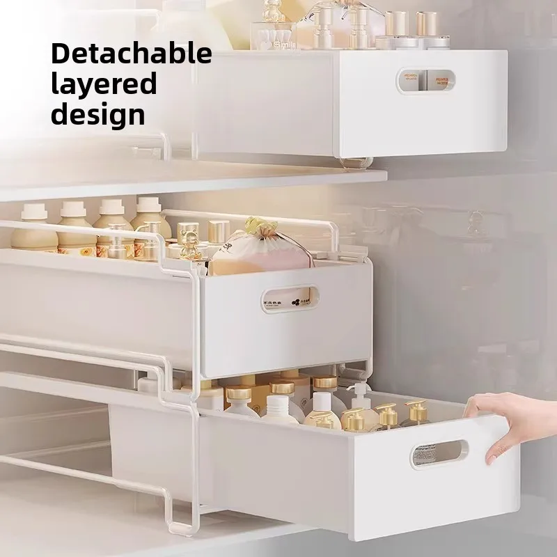 

‌Japanese Style UnderSink Shelf System,PullOut Bathroom Tray with Handle,Kitchen Counter Organizer,MultiPurpose Storage Rack