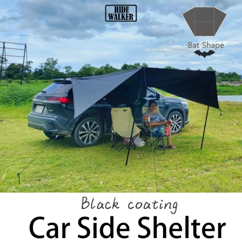 Toldo lateral para coche con forma de murciélago, lona con revestimiento negro, 2x3, impermeable, para acampar al aire libre, tienda de refugio trasero con revestimiento negro para furgoneta SUV