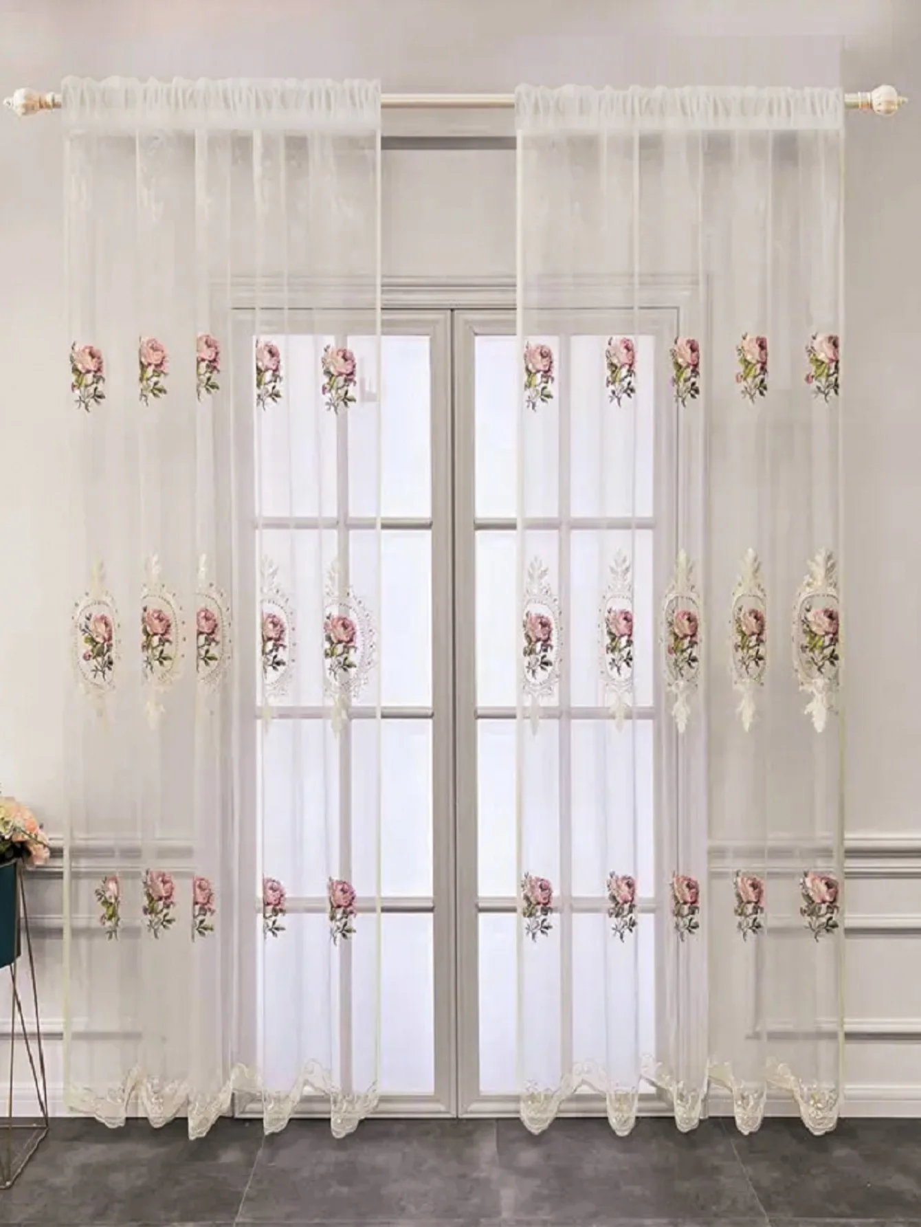 1 Piece Elegant Flower Embroidery Transparent Luxury Peony Embroidery Tulle Living Room Bedroom Curtains