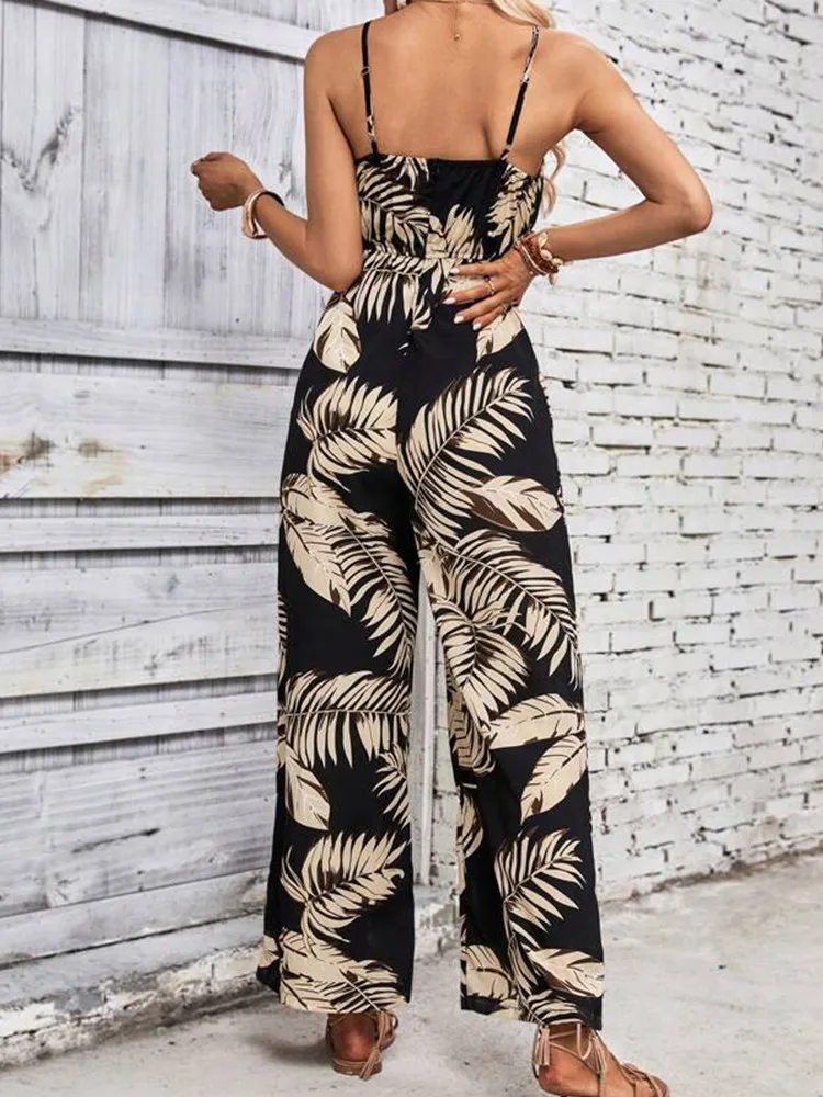 Elegant Long Jumpsuit Women Sexy Backless Wide Leg Jumpsuits Casual Sleeveless Hollow Out Floral Rompers Woman 2024 Summer New