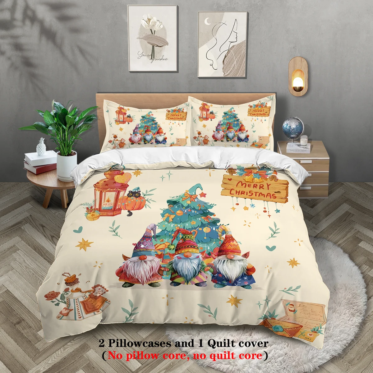 3pcs Merry Christmas Print Coreless Bedding Set Soft and Comfortable Multi Size Bedrooms Dormitory Duvet Cover Machine Washable