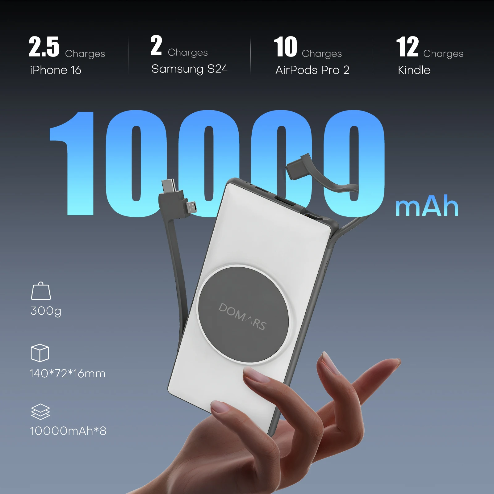 Domars 8 in 1 Power bank With Built-in Data Cable 8x10000 mAh Wireless Charging Station PD 20W Fast charging for Iphone Samsung