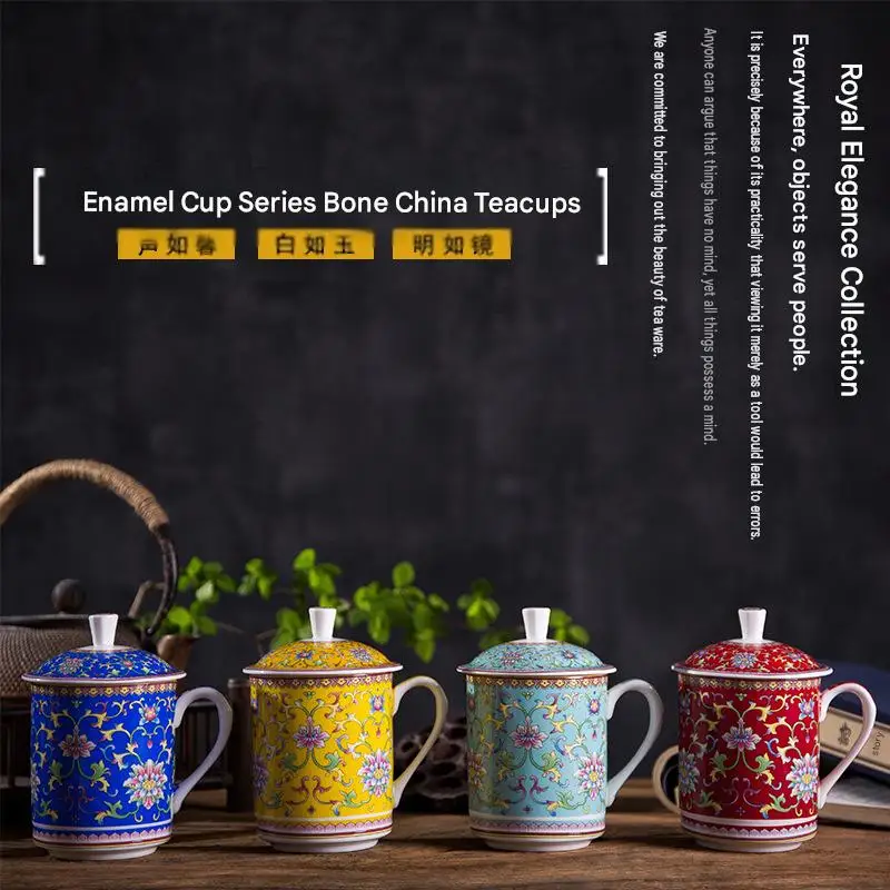 Jingdezhen ceramic covered household tea cup hand-painted enamel bone china water cup office ceramic mug gift cup