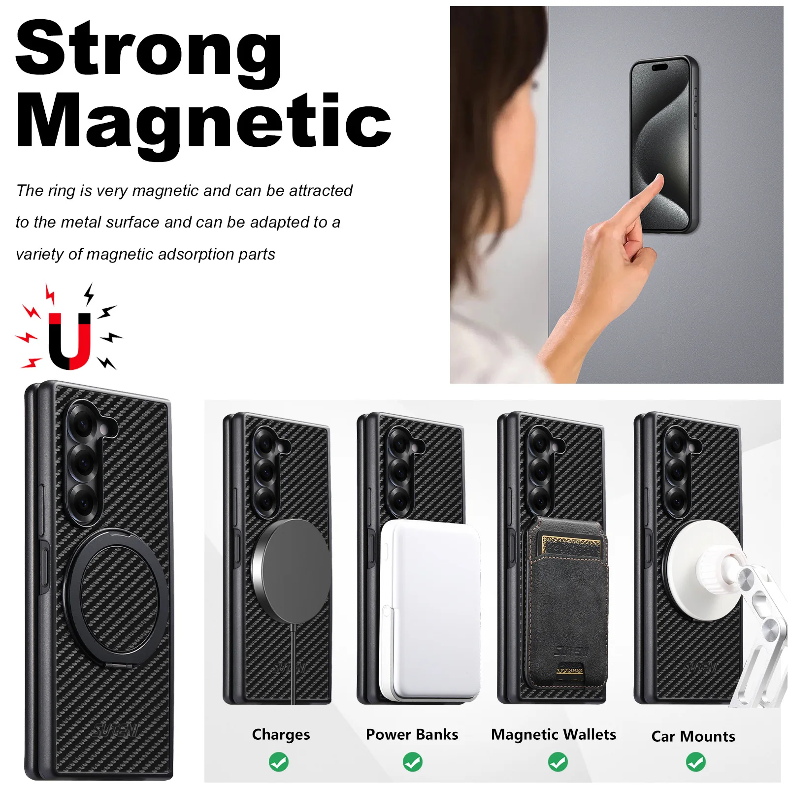 Magnet Wireless Charging Phone Case Carbon Fiber Texture 360° Rotating Stand Buckle For Samsung Galaxy Z Fold 8Ultra 7 6 5 Cover