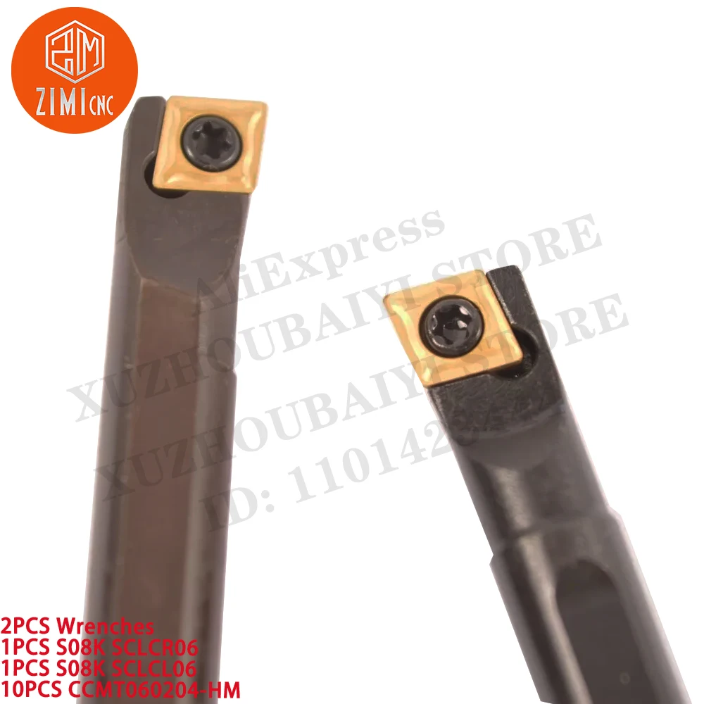 2PCS S08K SCLCR06 kanan + S08K SCLCL06 kiri 8mm Pemegang Bubut +  10PCS CCMT060204-HM Sisipan Karbida CNC alat pemotong bubut logam