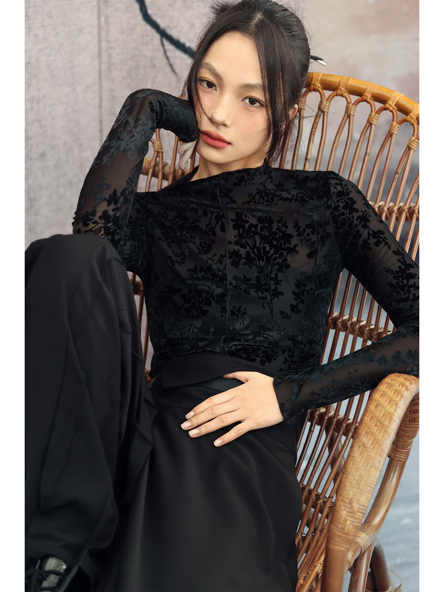 

Velvet Flocking Silk Velvet Mesh Base Shirt Women's Style Spring See through Slim Fit Elastic Net Top Chinese New Style Plum ...
