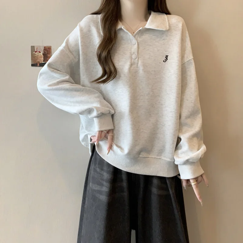 

Women's Neck Embroidered Sweatshirt Loose Fit Thin New Style Spring Autumn Korean Version Outerwear Comfortable Casual