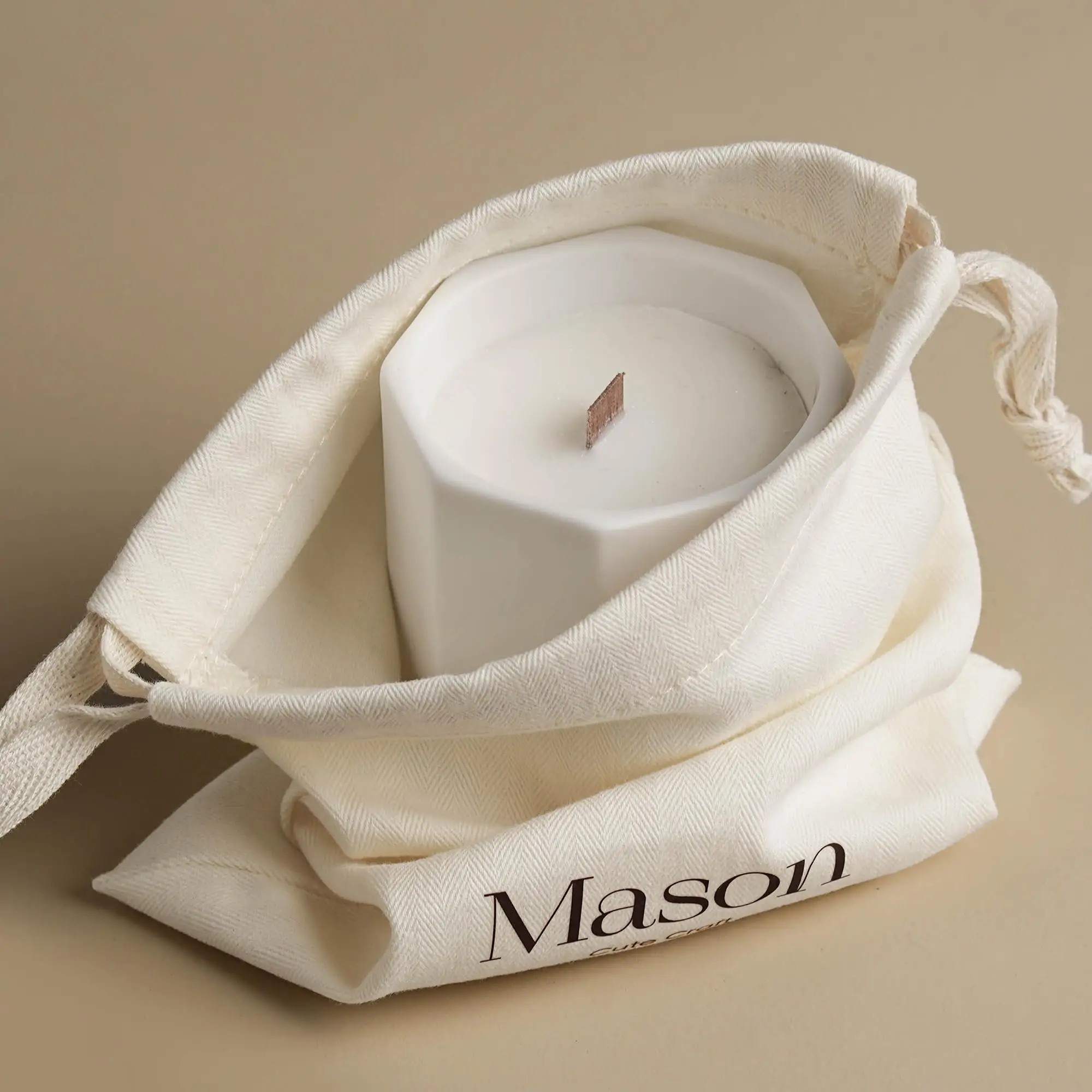Beige Herringbone Cotton Drawstring Pouch with Custom Logo Jewelry Gift Dust Bag with Ribbon
