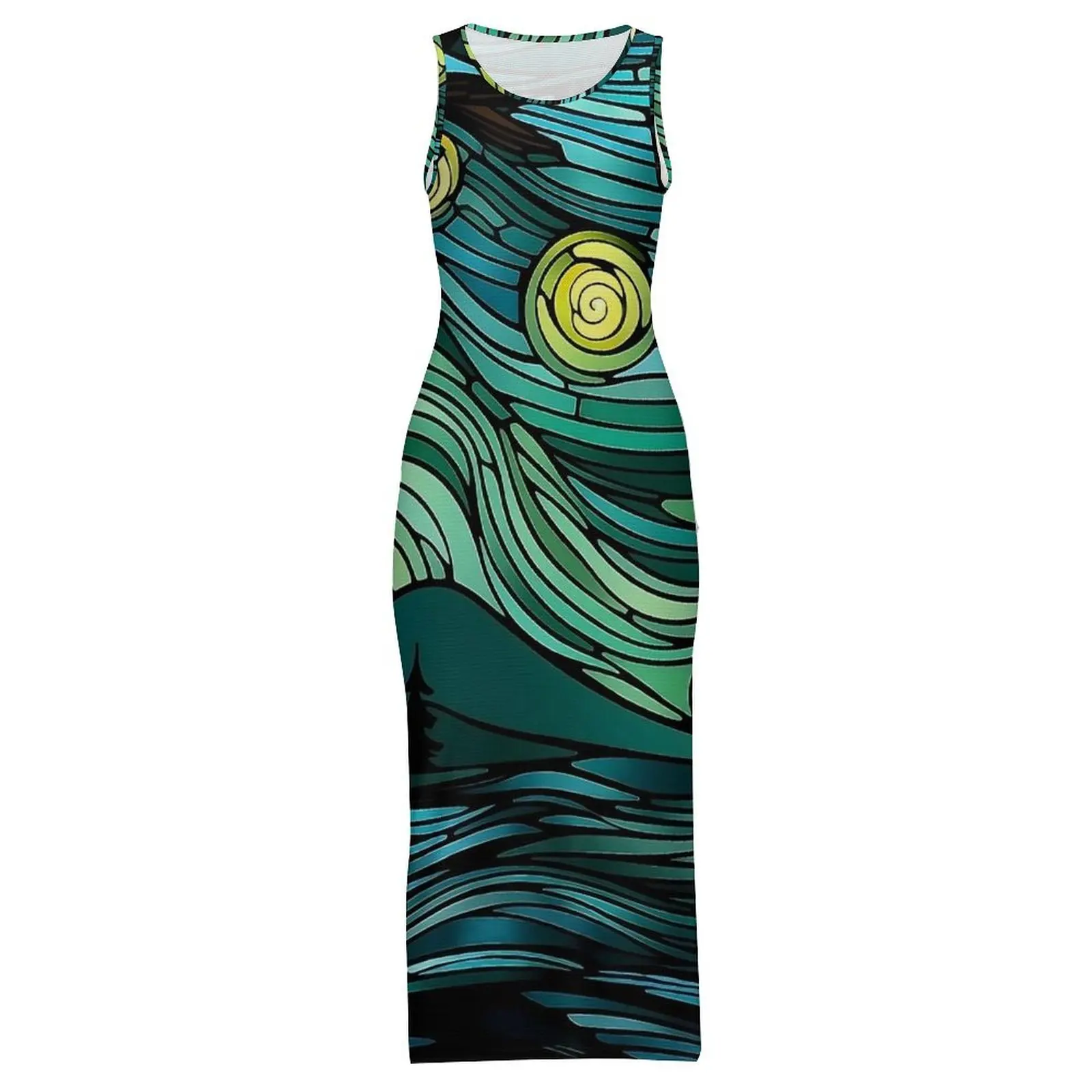 บทคัดย่อ Starry Night พิมพ์ชุดเข้ารูปฤดูใบไม้ผลิชุด Maxi ที่สง่างามผู้หญิงแขนกุดออกแบบสบายๆ Y2k ชุดขนาดใหญ่ 3XL 4XL