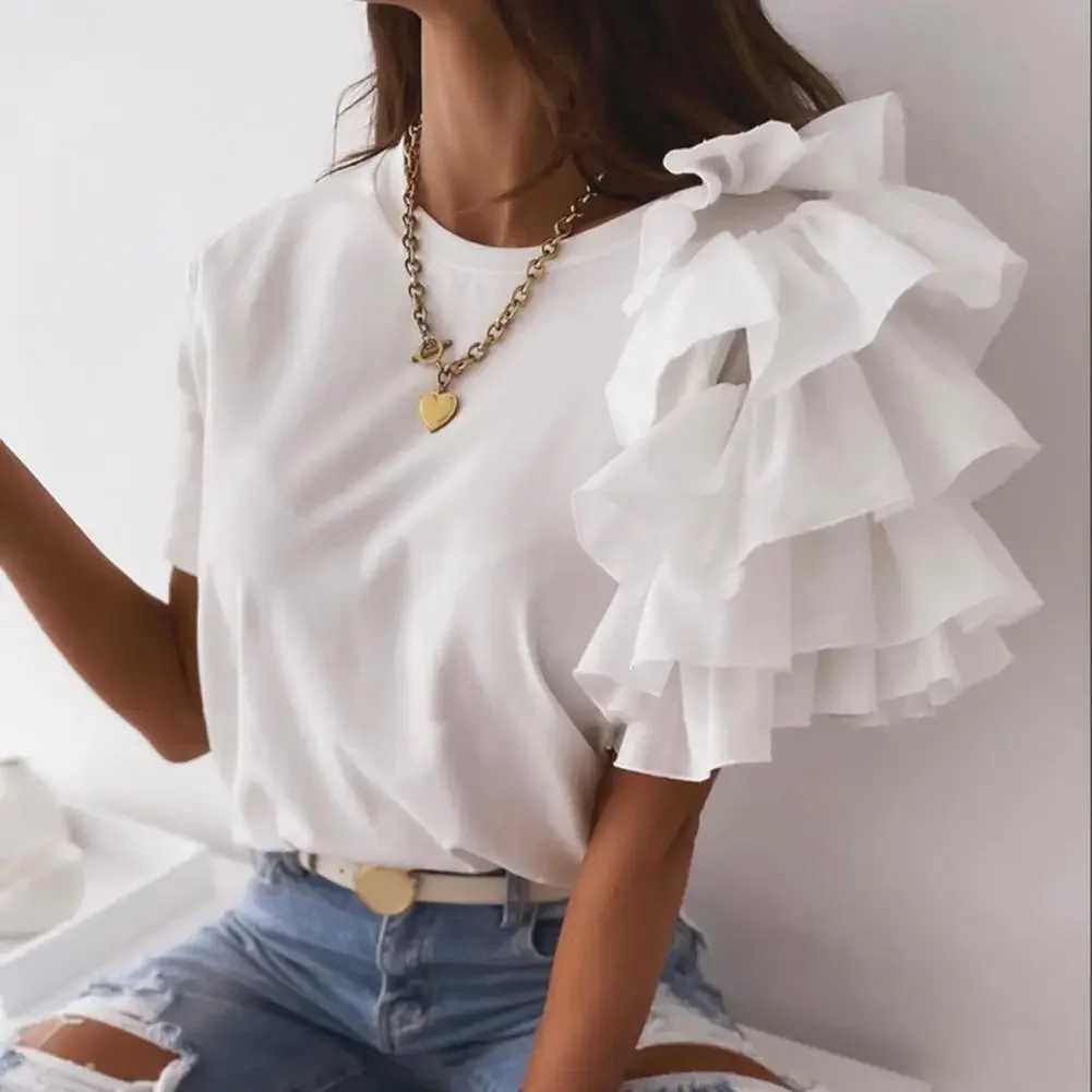 Blusa holgada asimétrica de manga corta para mujer, camisa elegante con volantes en capas, Color blanco sólido, moda de verano