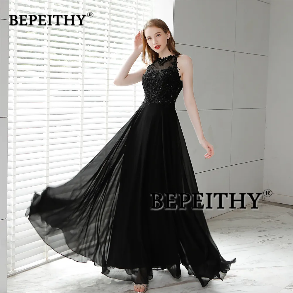 BEPEITHY Personalizado Moda Backless Chiffon Prom Vestidos O Pescoço Sem Mangas Vintage Vestido De Noite Lace Apliques Robe De Soirée