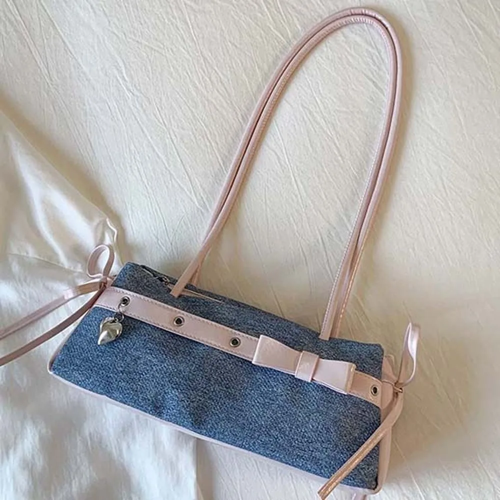 Doce francês vara bolsa fita contraste cor arco pu bolsa de ombro estilo coreano grande capacidade denim axilas sacos viagem