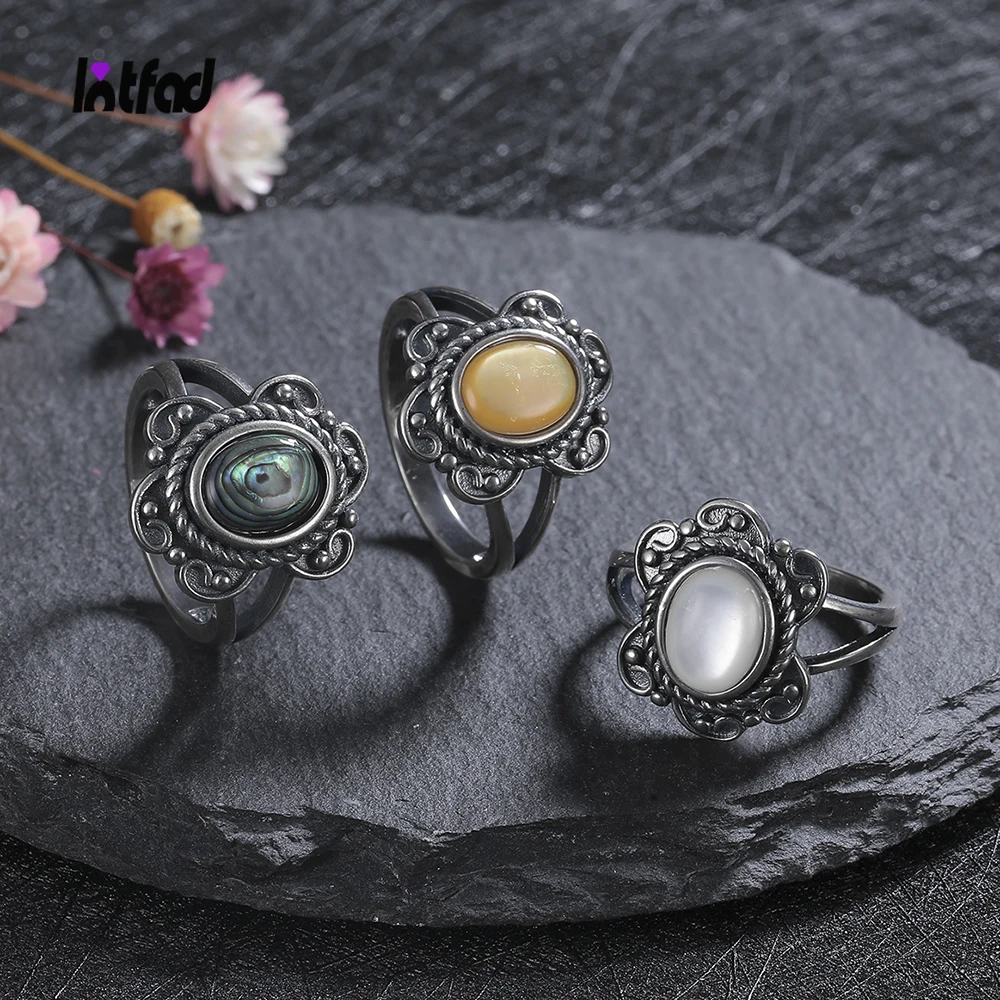 

925 Silver Jewelry Ring Natural Abalone Shellfish White Shellfish Yellow Shellfish Stone Vintage Ring Women Party Gifts