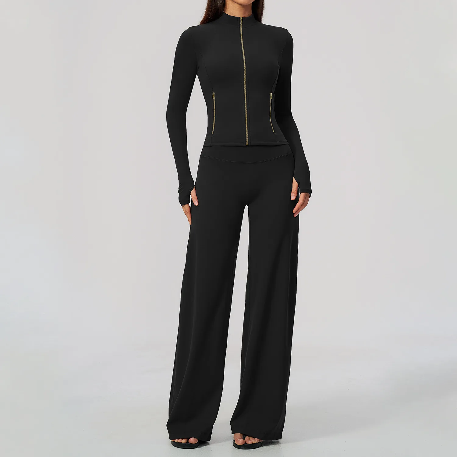 Cloud Feeling Yoga Set Zipper Up Pockets Sports Coat High Waist Wide Leg Pants Tracksuit Workout Fitness Outdoor Running Suit