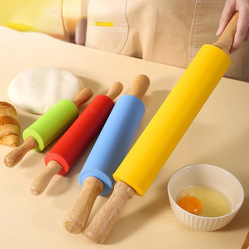 Non-Stick Silicone Rolling Pin Wooden Handle Pastry Dough Flour Roller Kitchen Cooking Baking Tool For Pasta Cookie Dough