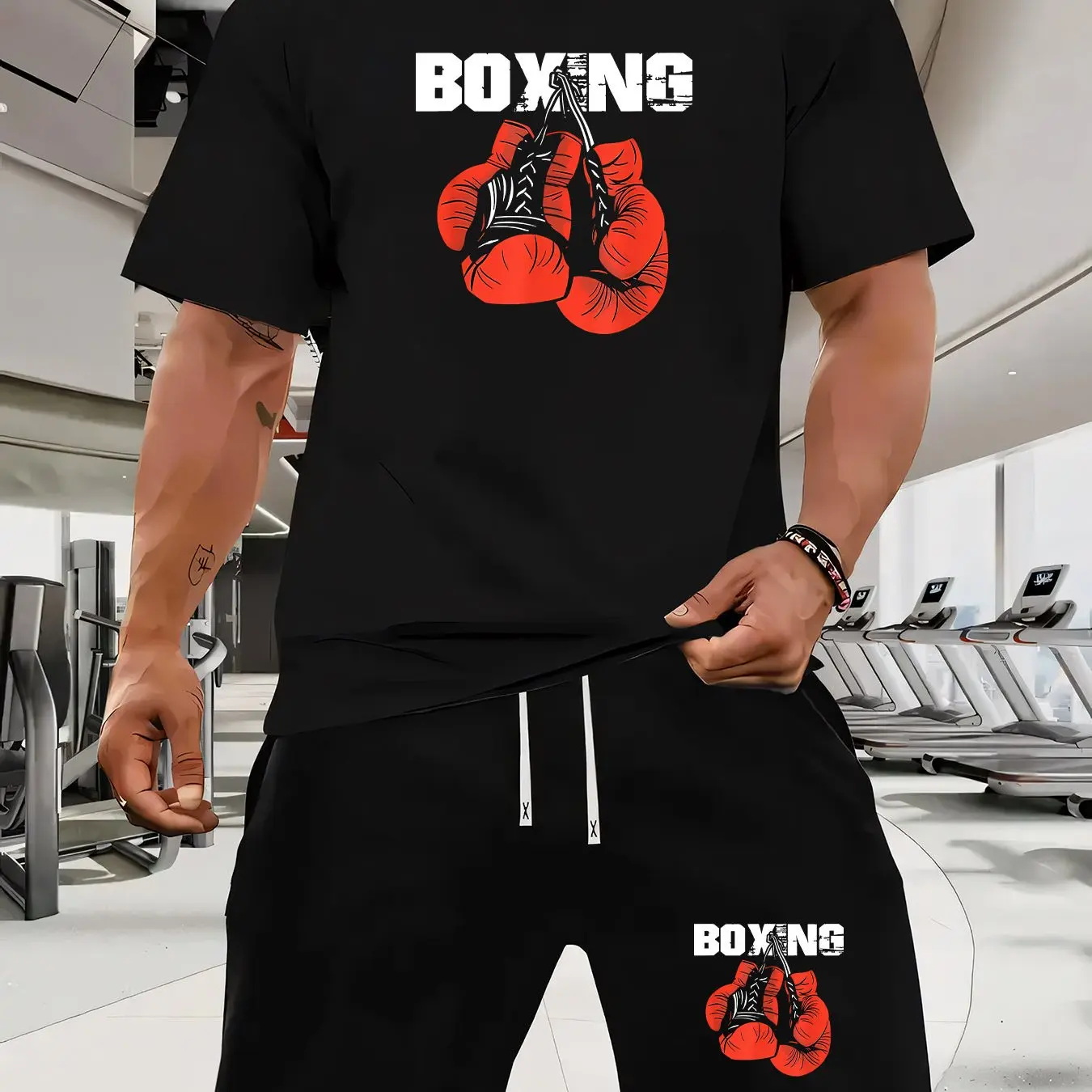

Boxing Print Men's T-Shirt & Drawstring Shorts 2-Piece Casual Sports Set for Spring & Summer