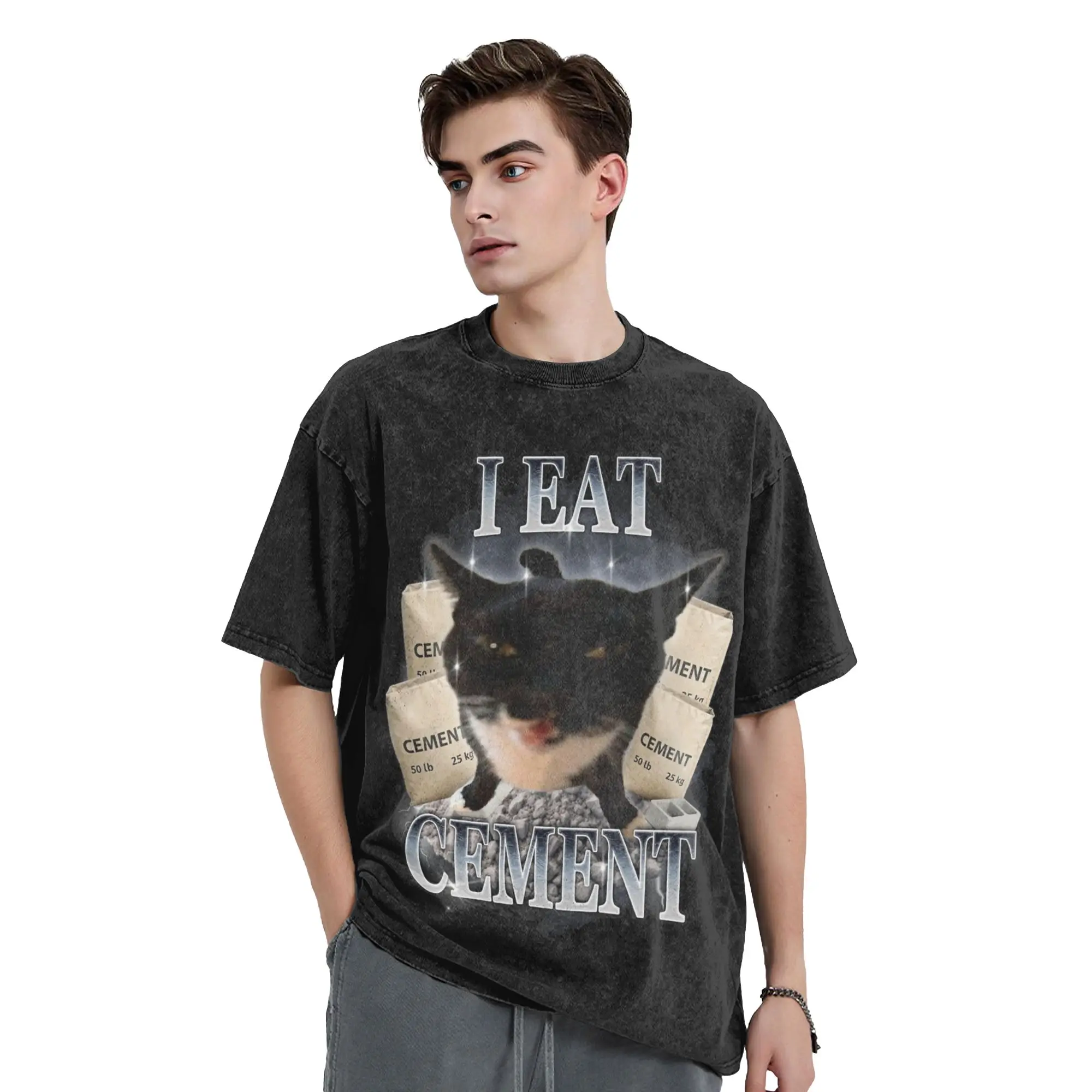 I Eat Cement Funny Cat meme Washed T Shirts Streetwear Hip Hop Fashion T-Shirts  Tees for Men Women Cotton Oversize Summer