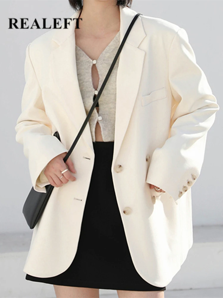 

REALEFT New 2022 Double Breasted White Women's Blazers Pockets Female Formal Jackets Elegant Loose Outerwear Tops Spring Autumn