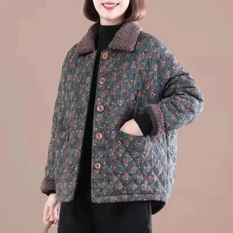 2023Female Korean Fashion Printing Cotton-padded Jacket Women Winter Thicker Loose Casual Stand-up Collar Retro Cotton Coat A927