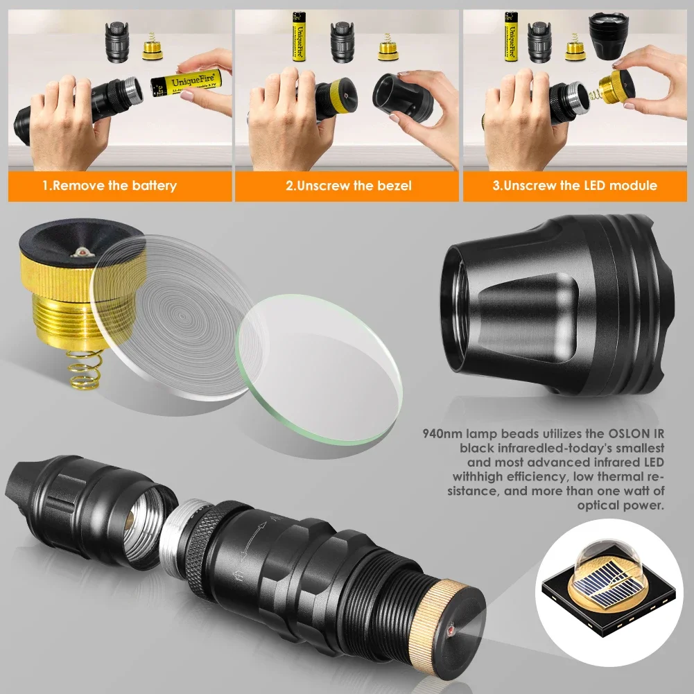 UniqueFire 2001D Vcsel 940NM 850NM LED Hunt Flashlight T20 Pro Zoom Fresnel Lens illuminator Night Vision Torch Lamp Max.1000M