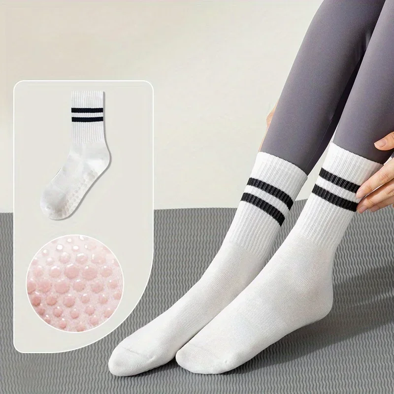 1Pair Non-slip Breathable Cotton Fitness Mid-calf Socks, For Dancing, Pilates