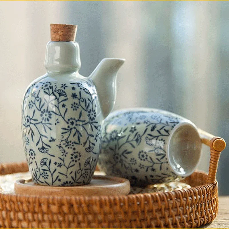 Ceramic Oil Bottle Kitchen Seasoning Bottle Round Wooden Pallet Soy Sauce Bottle Vinegar Pot Spice Container Seasoning Organizer