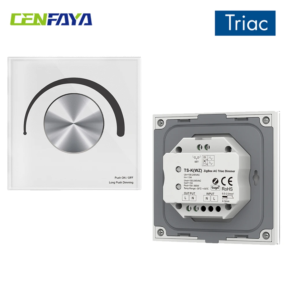 

Поворотная стеклянная панель ZigBee Triiac Dimmer Tuya APP Smart Dimming для одноцветных светодиодных ламп с регулируемой яркостью, галогенных ламп накаливания