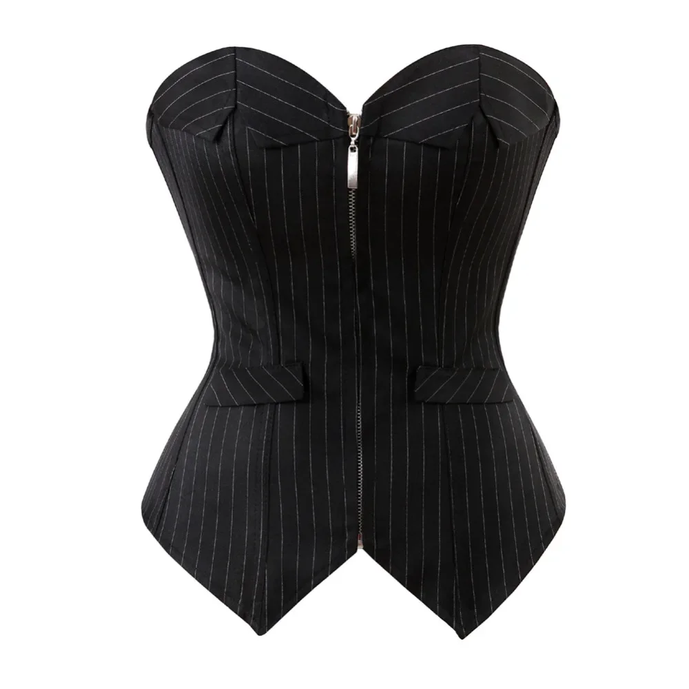 Black Sexy Striped Corset Office Lady Corselet Sexy Women Zipper Overbust Bustier Strapless Tops Costume Fashion