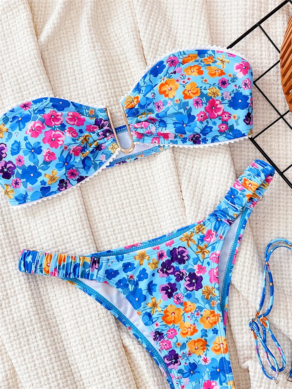 Cute Floral Bikini Bandeau Swimsuit Push Up Lace Trim Extrem Strap Swimwear Micro Tanga Women Beach Bathing Suit Vacation Outfit