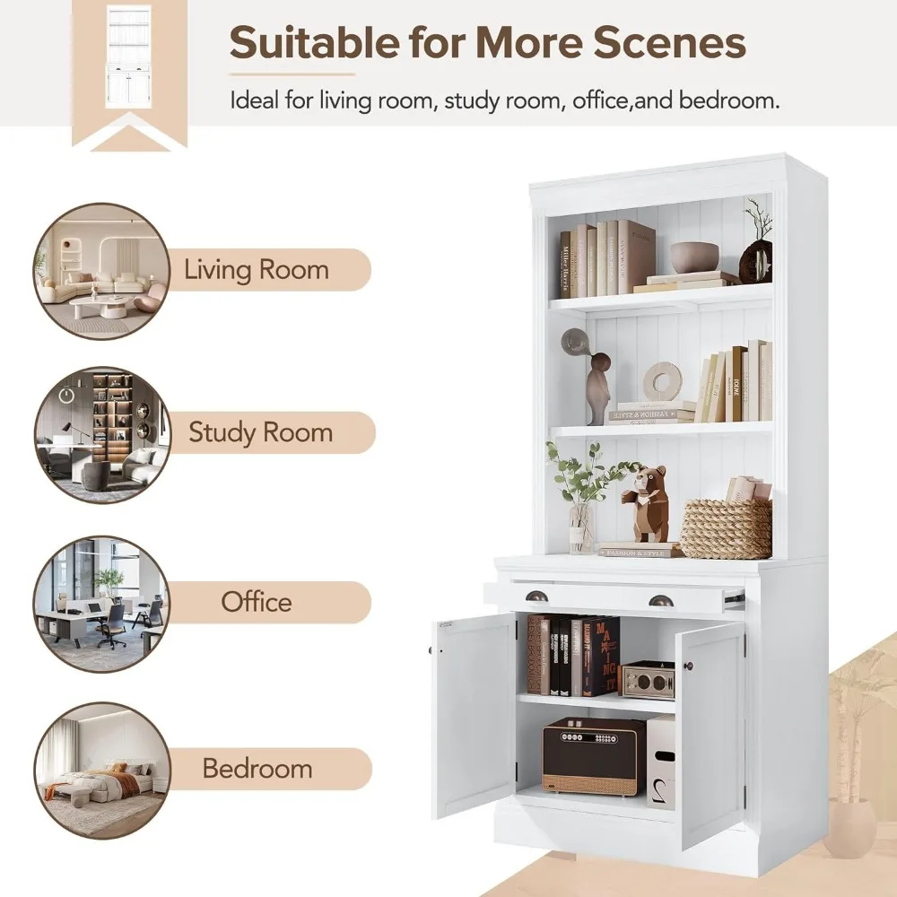 Multi-Purpose Bookcase, High Shelf with 2 Doors, 1 Drawer with LED Lights, Solid Wood Storage Cabinet, Utensil Bookcase