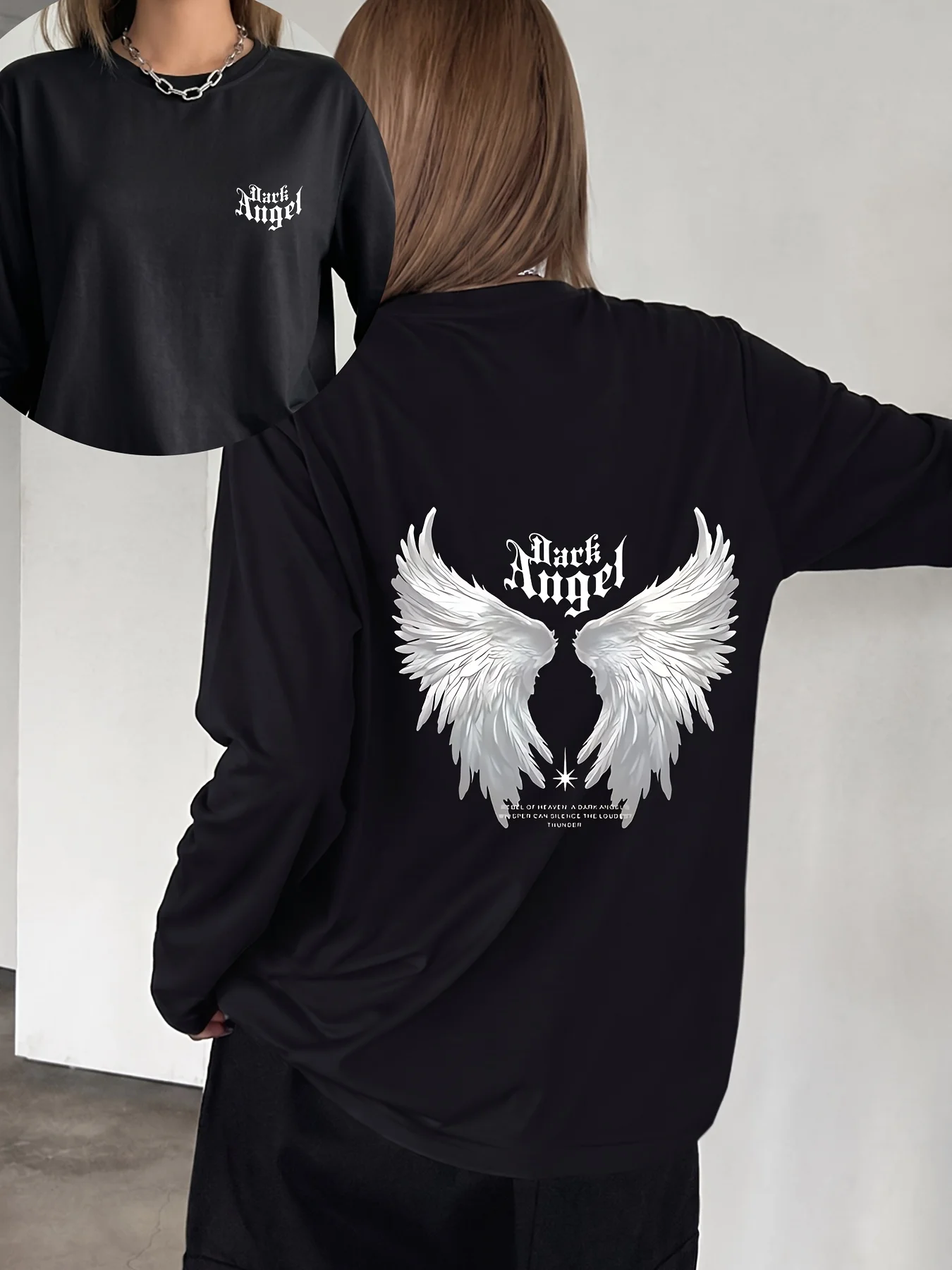 Y2k American Street Style Dark Angel Wing Print Loose and Slimming Versatile Base Shirt, Casual Sports Long Sleeved T-shirt Top