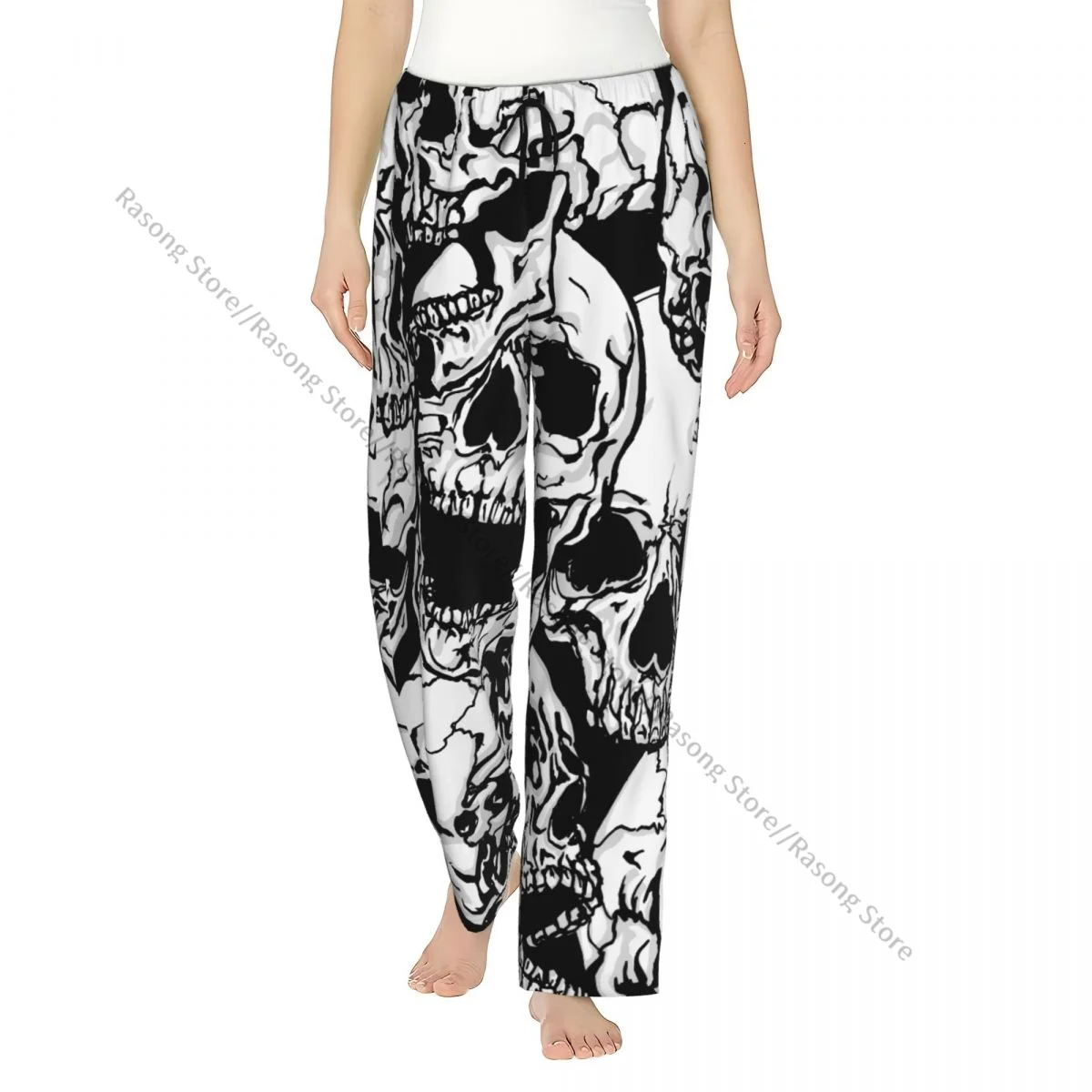 

Women Flannel Lounge Pants Soft Black And White Skulls Pajama Pants Winter Sleepwear