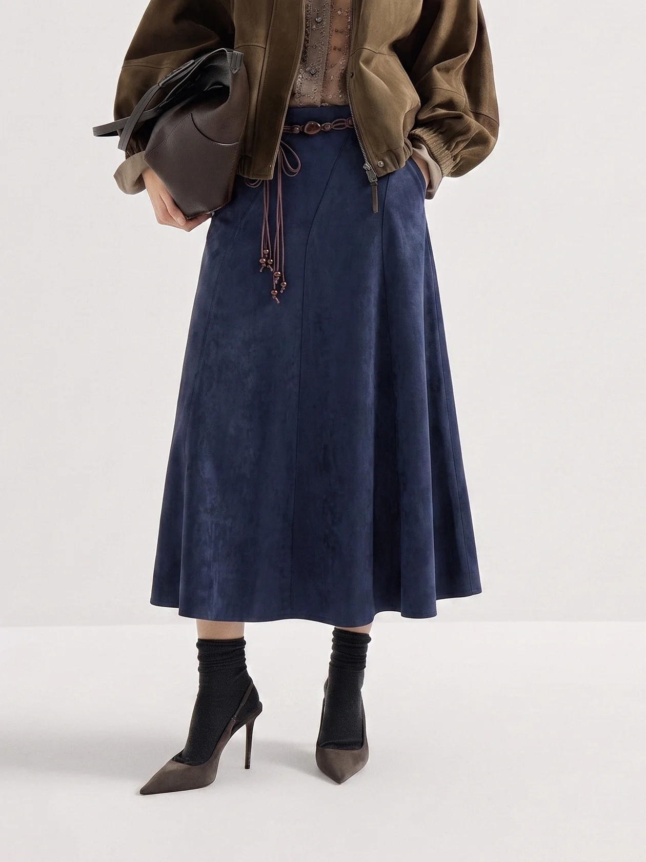 Chic Velvet Suede Finish A-Line Umbrella Skirt High Waist Belted Midi Swing Skirts Women Navy Blue Brown Long Bottoms