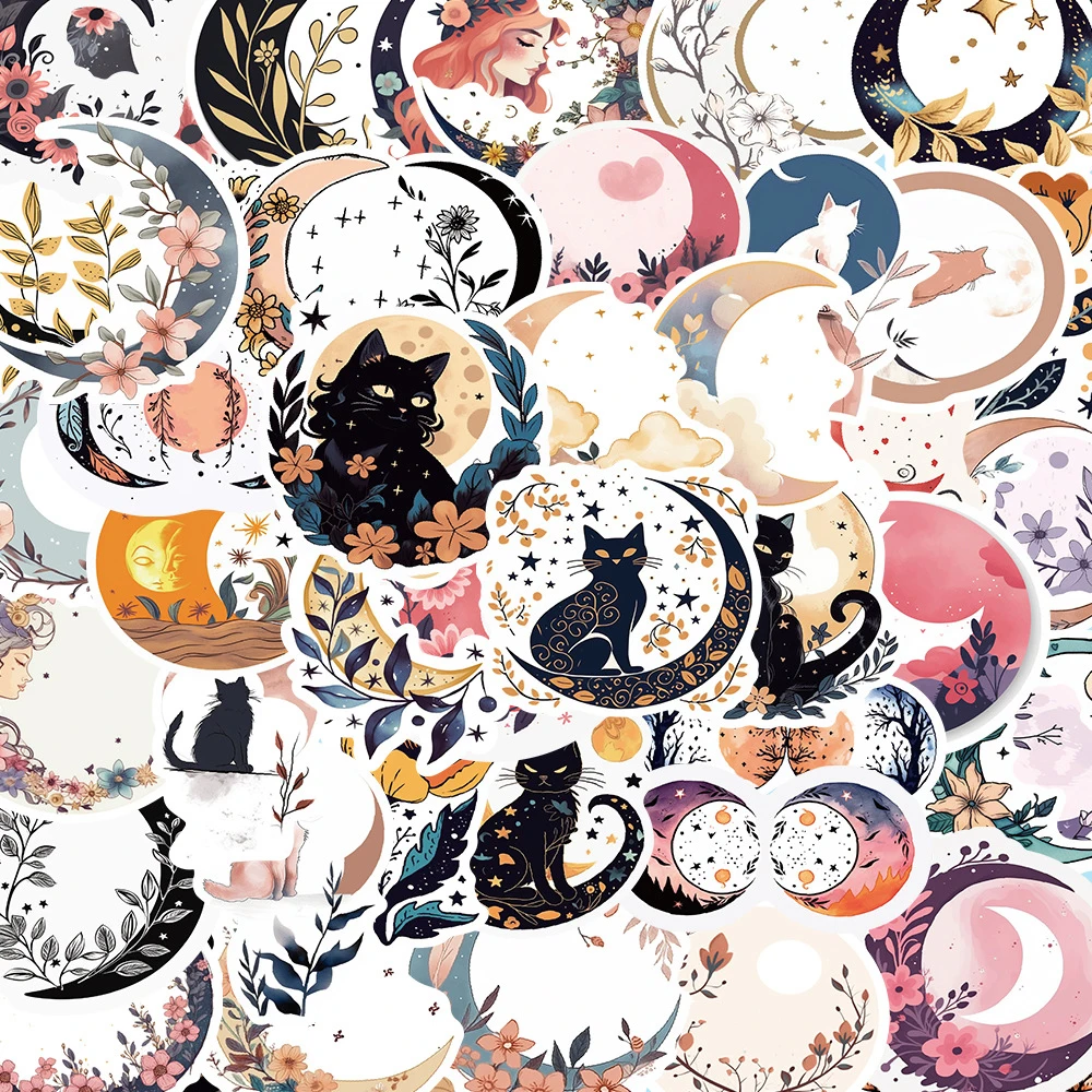 10/30/50 Stück Blumen Schwarze Katze Mond Cartoon Aufkleber Bohemian Style Kunst Ästhetische Aufkleber Notizbuch Handy Skateboard Sticker Deko