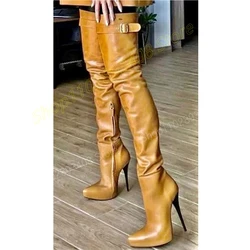 Solid Matte Leather Buckle Belts Strap Over the Knee Boots Stiletto High Heel Side Zipper Sexy Women Shoes 2024 Para Mujere