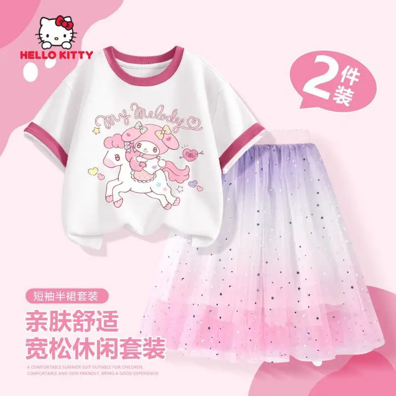

Sanrio Big Children Sweet Princess Dress 2Pcs Hello Kitty Girl Fashion Short Sleeve Mesh Dress My Melody Girls Cotton T-Shirt