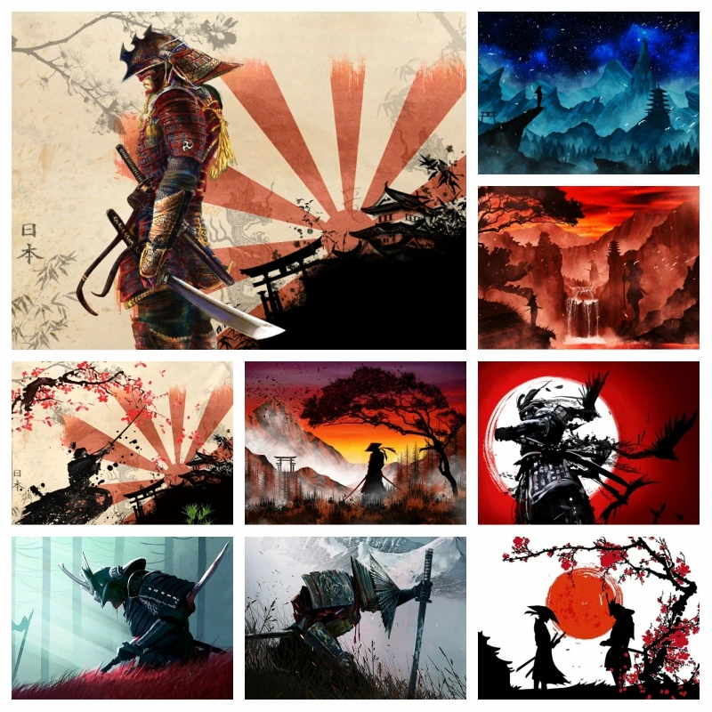 

Japanese Samurai Full Diamond Painting AB Drills Bushido Warriors Sunset Scenery Wall Art Embroidery Cross Stitch Home Decor