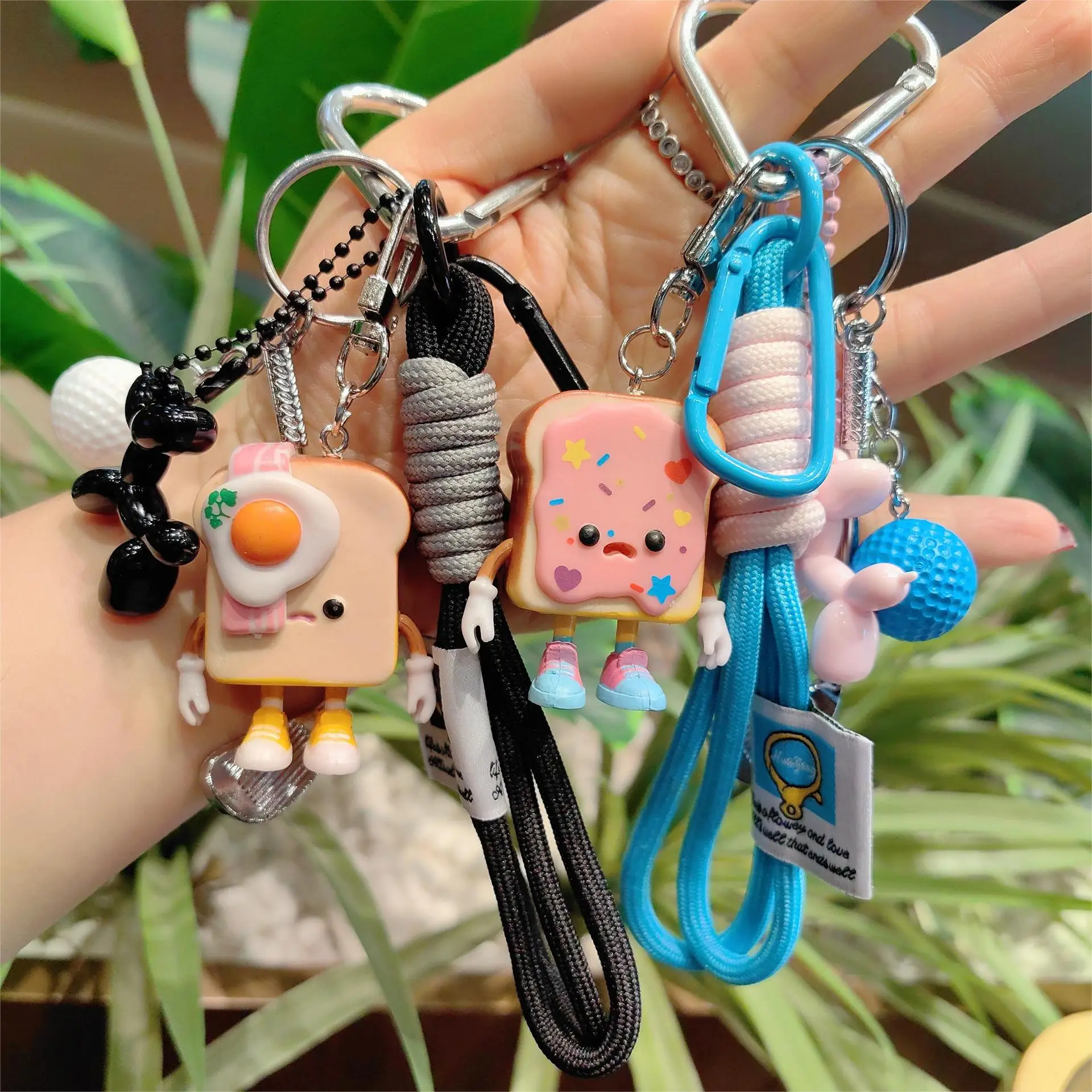 Kawai Cute Toast Boy Keychain Cute Bread Boy Golf Club Pendant Keyring Phone Lanyard Bag Car Charm Resin Key Chains Gift