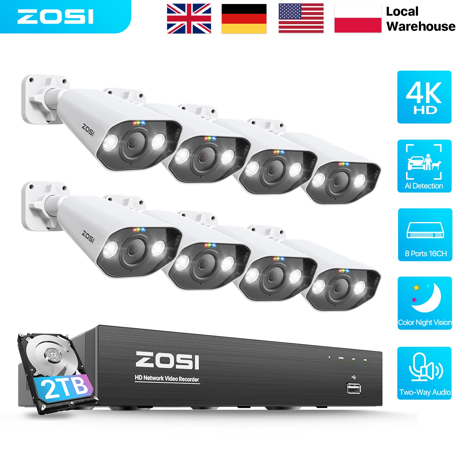 ZOSI 4K Ultra HD PoE Security Camera System 8MP 2-Way Audio Color Night Vision Outdoor Indoor Surveillance CCTV with 8 Ports 16CH NVR