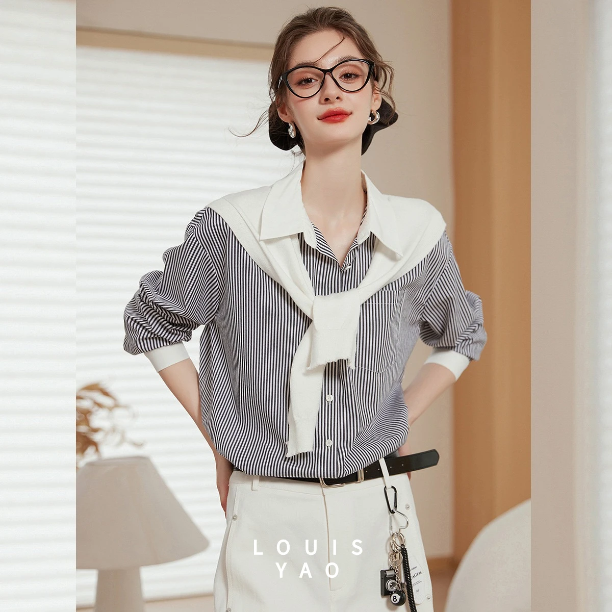 LOUIS YAO Women's Blouses 2026 Spring/Autumn Striped Long Sleeve Blouse Casual Office Lady Tops Detachable Shawl Collar Shirt