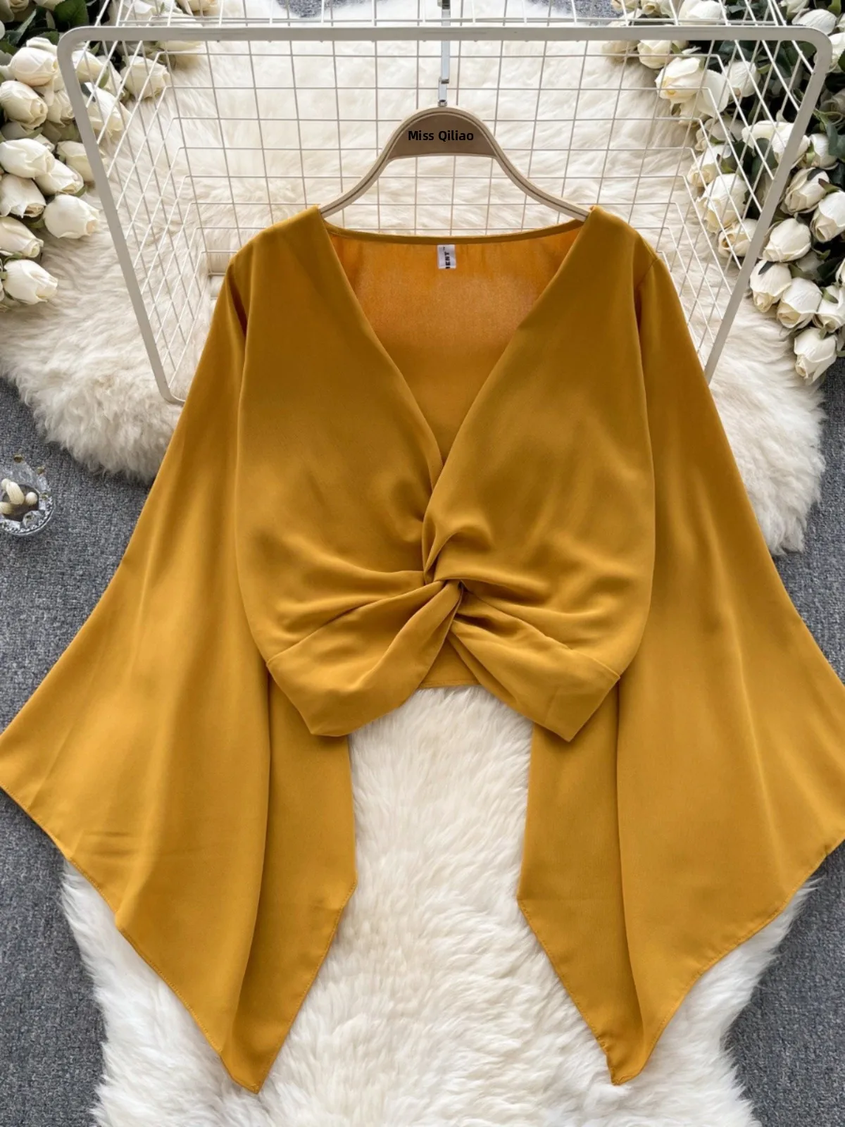 Csa de Gasa de Manga Larga con Cuello en V y Lazada para Mujer, Estilo Coreano, Hoada, para Otoño 2023