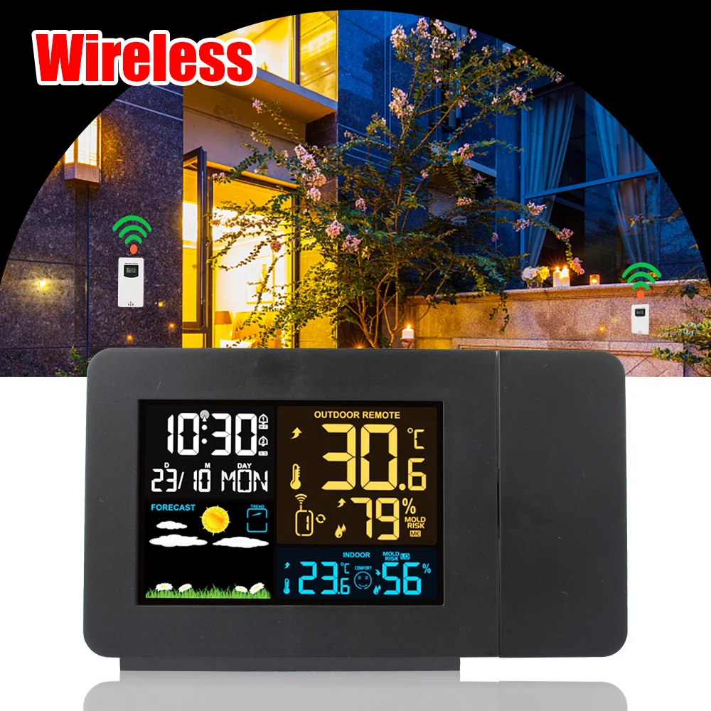 EU Indoor Outdoor Snooze Temperature Weather Station Humidity Digital Alarm LED Table Clock With Time Projection