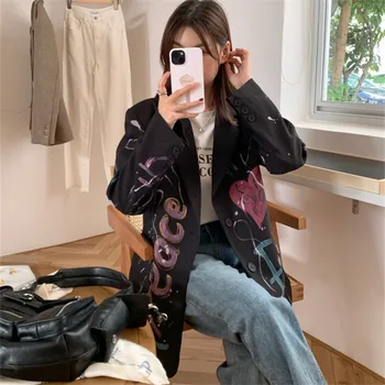 2024 Frühling Herbst neue Mode bunte Buchstaben Graffiti Muster Blazer Frauen Einreiher Anzug Jacke weibliche lose Mantel w270