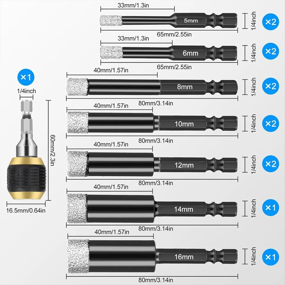 

A58Z Diamond Drill Bits Set, 12Pcs Dry Diamond Hole Saw with Quick Change Drill Bit Holder,for Porcelain Tile Glass Ceramic